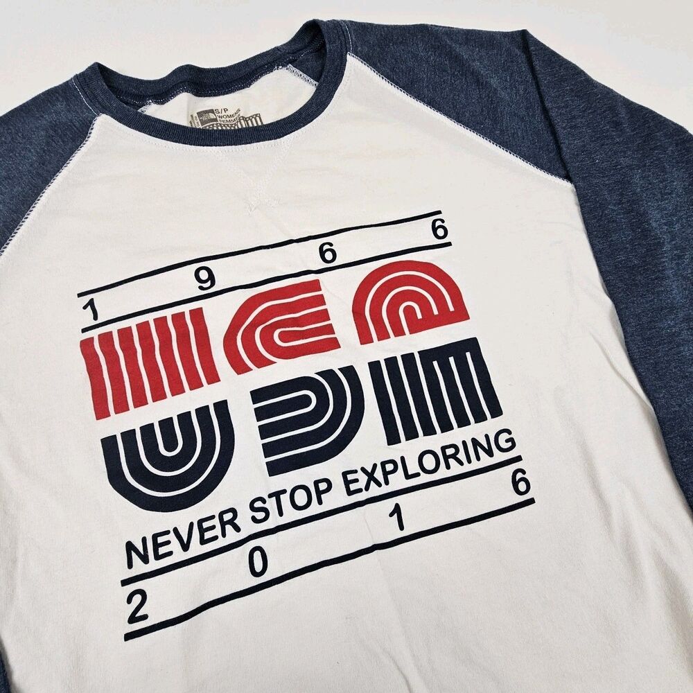 The North Face Womens S Never Stop Exploring Graphic LS T Shirt Raglan Red Blue